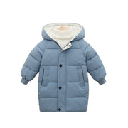 フード付きジャケット キッズ 子供服 ジュニア アウター 中綿入り ダウン風 ジップアップ ロング丈 ミディアム丈 膝丈 スナップボタン ジャンパー ブルゾン 単色 おしゃれ 無地 暖かい 冬 シンプル カジュアル バイカラー きれいめ 男の子 女の子 オフホワイト レッド グリーン ブラック ブルー