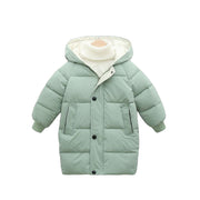 フード付きジャケット キッズ 子供服 ジュニア アウター 中綿入り ダウン風 ジップアップ ロング丈 ミディアム丈 膝丈 スナップボタン ジャンパー ブルゾン 単色 おしゃれ 無地 暖かい 冬 シンプル カジュアル バイカラー きれいめ 男の子 女の子 オフホワイト レッド グリーン ブラック ブルー