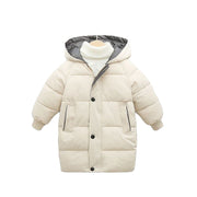 フード付きジャケット キッズ 子供服 ジュニア アウター 中綿入り ダウン風 ジップアップ ロング丈 ミディアム丈 膝丈 スナップボタン ジャンパー ブルゾン 単色 おしゃれ 無地 暖かい 冬 シンプル カジュアル バイカラー きれいめ 男の子 女の子 オフホワイト レッド グリーン ブラック ブルー