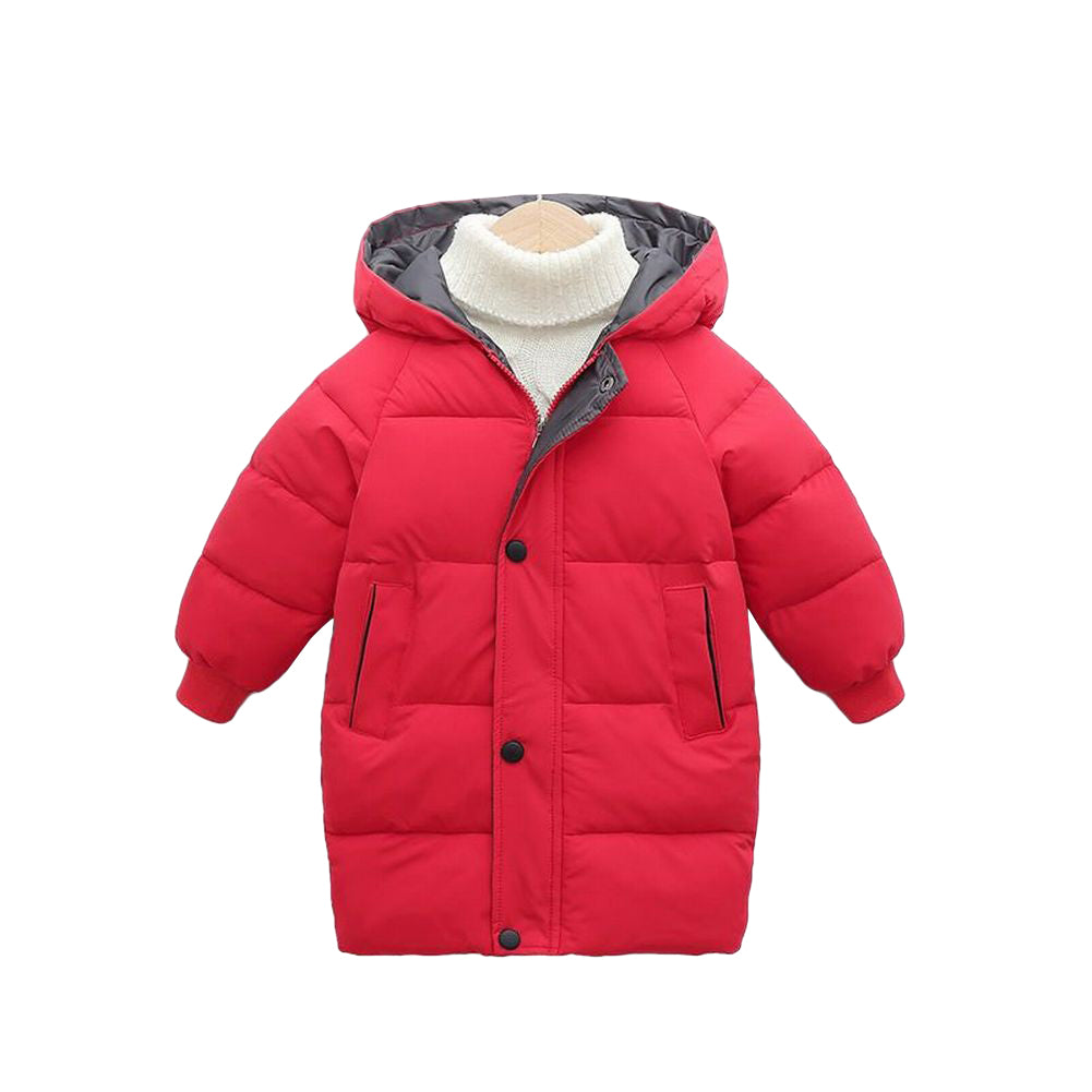 フード付きジャケット キッズ 子供服 ジュニア アウター 中綿入り ダウン風 ジップアップ ロング丈 ミディアム丈 膝丈 スナップボタン ジャンパー ブルゾン 単色 おしゃれ 無地 暖かい 冬 シンプル カジュアル バイカラー きれいめ 男の子 女の子 オフホワイト レッド グリーン ブラック ブルー
