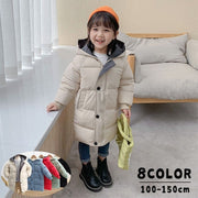 フード付きジャケット キッズ 子供服 ジュニア アウター 中綿入り ダウン風 ジップアップ ロング丈 ミディアム丈 膝丈 スナップボタン ジャンパー ブルゾン 単色 おしゃれ 無地 暖かい 冬 シンプル カジュアル バイカラー きれいめ 男の子 女の子 オフホワイト レッド グリーン ブラック ブルー