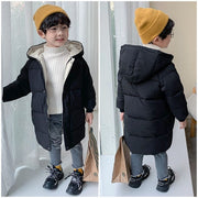 フード付きジャケット キッズ 子供服 ジュニア アウター 中綿入り ダウン風 ジップアップ ロング丈 ミディアム丈 膝丈 スナップボタン ジャンパー ブルゾン 単色 おしゃれ 無地 暖かい 冬 シンプル カジュアル バイカラー きれいめ 男の子 女の子 オフホワイト レッド グリーン ブラック ブルー