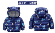 ダウン風ジャケット 中綿入りジャケット ジップアップ フード付き クマ耳 耳付き キッズ ベビー 子供 女の子 男の子 アウター 上着 防寒 もこもこ 暖かい 恐竜 アニマル 迷彩柄 可愛い カジュアル 中綿入り ぬくぬく 冬 女児 男児 こども服 子ども服 子供用 80cm 90cm 100cm 110cm 120cm