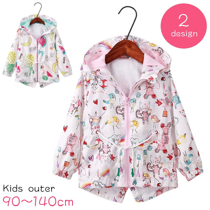 ジャンパー キッズ 子供服 女の子 アウター 上着 長袖 チャック ジップアップ フード ポケット プリント 総柄 ネコ 動物 スイカ フルーツ ピンク カラフル カジュアル かわいい キュート 春 秋