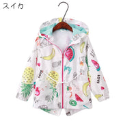 ジャンパー キッズ 子供服 女の子 アウター 上着 長袖 チャック ジップアップ フード ポケット プリント 総柄 ネコ 動物 スイカ フルーツ ピンク カラフル カジュアル かわいい キュート 春 秋