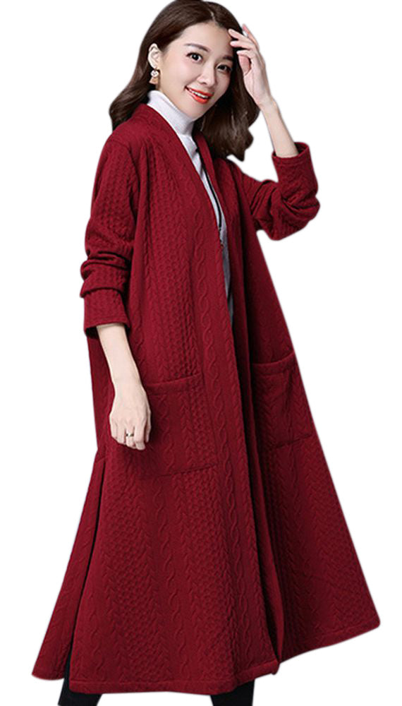 トッパーコート ロングコート コーディガン ロングカーディガン 羽織り 長袖 アウター 上着 レディース サイドスリット フレアデザイン ポケット アラン模様 おしゃれ きれいめ シンプル 単色 ソリッドカラー 女性用 婦人用 M L XL XXL 2XL