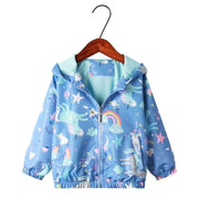 ウィンドブレーカー 子供服 キッズ ジュニア 長袖 女の子 男の子 ブルゾン ジャンパー ジップアップパーカー フード付き 袖口ゴム 裾ゴム 前開き 動物 花柄 ユニコーン アウター 上着 おしゃれ かわいい キュート ポップ カジュアル デイリー 通園 通学 ガールズ ボーイズ 女児 男児 羽織 子ども こども 90 100 110 120 130 140 ピンク ブルー 青 ホワイト 白