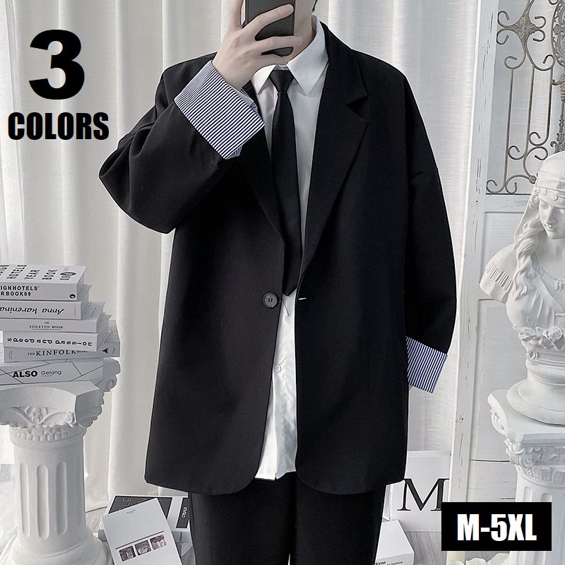 テーラードジャケット オーバーサイズ ビッグシルエット シングルボタン ブレザー アウター メンズ 羽織 カジュアル 男性用 無地 裏ストライプ ブラック ベージュ ブルー