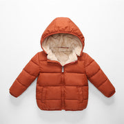 ダウン風ジャケット 中綿入りジャンパー キッズ ベビー 男の子 女の子 子供服 アウター 上着 長袖 フード付き ファスナー 赤 黒 無地 シンプル 裏起毛 あったか 防寒