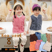 ボアベスト 子供用 ボアフリース ベスト 前開き キッズ ベビー モコモコ 起毛 秋冬 防寒 女の子 男の子 Vネック ノースリーブ ライナー 無地 あたたか 可愛い ピンク ブルー