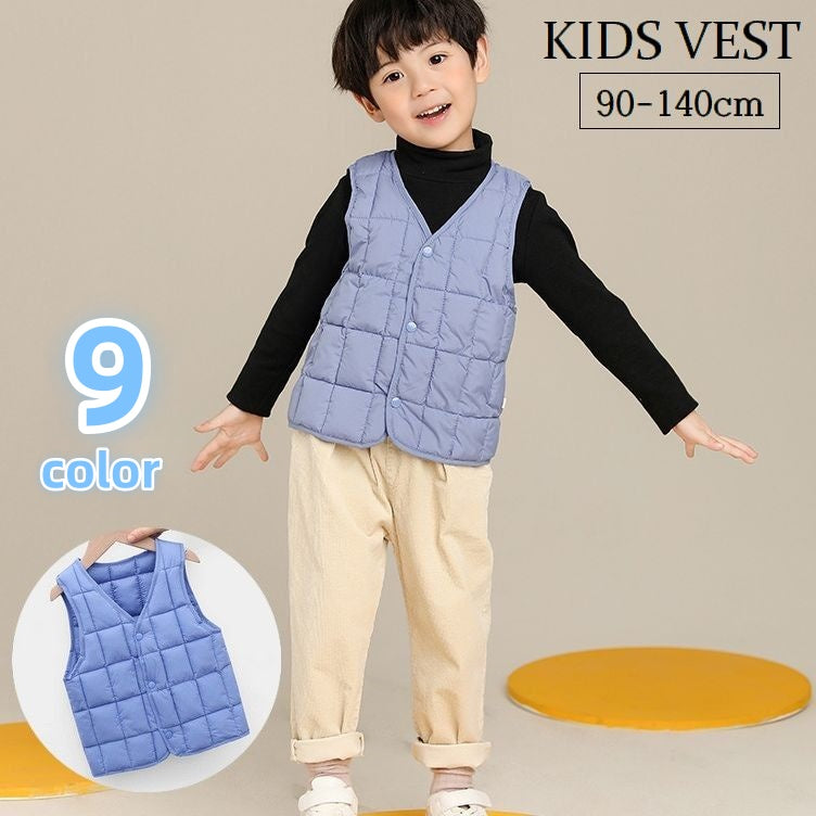 中綿入りベスト ダウン風ベスト キッズ 子供用 男の子 女の子 アウター 前開き スナップボタン Vネック 上着 ソリッドカラー 防寒 寒さ対策 ベビー ジュニア カジュアル シンプル お出掛け 通園 通学 男子 女子 こども服