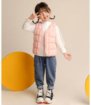 中綿入りベスト ダウン風ベスト キッズ 子供用 男の子 女の子 アウター 前開き スナップボタン Vネック 上着 ソリッドカラー 防寒 寒さ対策 ベビー ジュニア カジュアル シンプル お出掛け 通園 通学 男子 女子 こども服