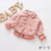 ジャンパー ジャケット ベビー キッズ 女の子 アウター 長袖 ジッパー チャック 襟付き フリル リボン 無地 ピンク カーキ シンプル かわいい キュート カジュアル 秋 冬