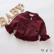 ジャンパー ジャケット ベビー キッズ 女の子 アウター 長袖 ジッパー チャック 襟付き フリル リボン 無地 ピンク カーキ シンプル かわいい キュート カジュアル 秋 冬