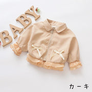 ジャンパー ジャケット ベビー キッズ 女の子 アウター 長袖 ジッパー チャック 襟付き フリル リボン 無地 ピンク カーキ シンプル かわいい キュート カジュアル 秋 冬