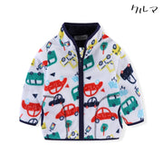 ジャケット 子ども服 キッズ 女の子 男の子 アウター 上着 長袖 ハイネック ジップアップ ポケット付き 裏起毛 総柄 恐竜 ハート ネコ 猫 動物 アニマル 可愛い キュート カジュアル ポップ 防寒 暖か ぽかぽか 秋 冬