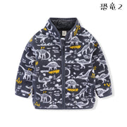 ジャケット 子ども服 キッズ 女の子 男の子 アウター 上着 長袖 ハイネック ジップアップ ポケット付き 裏起毛 総柄 恐竜 ハート ネコ 猫 動物 アニマル 可愛い キュート カジュアル ポップ 防寒 暖か ぽかぽか 秋 冬