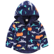 ジャケット 子ども服 キッズ 女の子 男の子 アウター 上着 長袖 ジップアップ フード付き ポケット付き 裏起毛 総柄 恐竜 ハート ネコ 猫 動物 アニマル 可愛い キュート カジュアル ポップ 防寒 暖か ぽかぽか 秋 冬