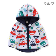 ジャケット 子ども服 キッズ 女の子 男の子 アウター 上着 長袖 ジップアップ フード付き ポケット付き 裏起毛 総柄 恐竜 ハート ネコ 猫 動物 アニマル 可愛い キュート カジュアル ポップ 防寒 暖か ぽかぽか 秋 冬