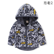 ジャケット 子ども服 キッズ 女の子 男の子 アウター 上着 長袖 ジップアップ フード付き ポケット付き 裏起毛 総柄 恐竜 ハート ネコ 猫 動物 アニマル 可愛い キュート カジュアル ポップ 防寒 暖か ぽかぽか 秋 冬