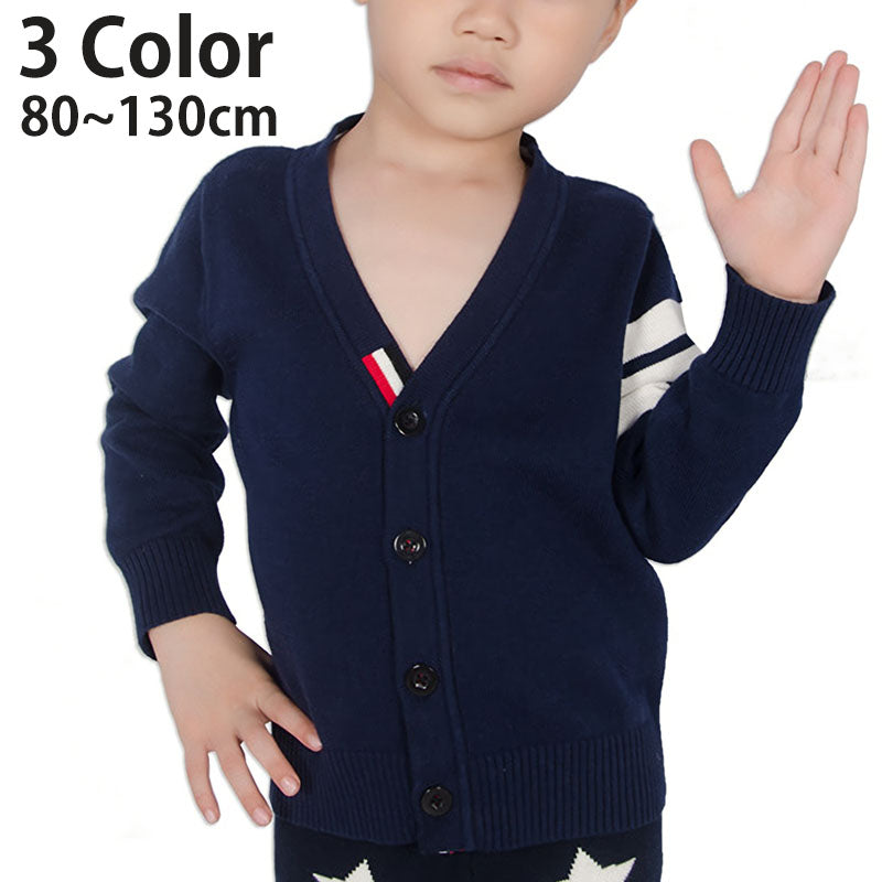 カーディガン セーター Vネック ニット ボタン キッズ ベビー 子供服 かわいい おしゃれ トリコロールカラー ライン 上着 男の子 女の子 ボーイ ガール