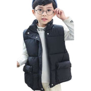ベスト ジャケット 中綿 子供服 キッズ ジュニア 厚手 ダウン風 もこもこ 防寒 秋冬 暖かい 前開き 無地 シンプル アウター あったか 保温 キルティング ジップアップ ファスナー スナップボタン フラップポケット ノースリーブ 袖なし スタンドカラー ベージュ ブラック カジュアル 普段着 着回し 合わせやすい 子ども こども 幼児 女の子 男の子 女児 男児 春