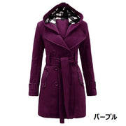 ガウンコート フード付き レディース 婦人服 アウター ハーフコート ロングジャケット ウェスト紐 膝上丈 前ボタン チェック柄 おしゃれ