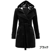 ガウンコート フード付き レディース 婦人服 アウター ハーフコート ロングジャケット ウェスト紐 膝上丈 前ボタン チェック柄 おしゃれ