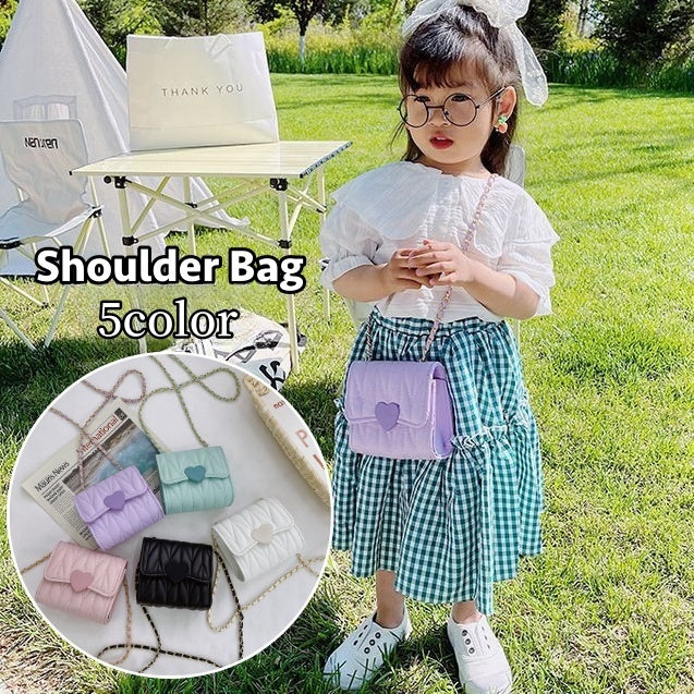 ショルダーバッグ ポシェット キッズ 子供用 鞄 カバン 斜めがけ 肩掛け フェイクレザー レザー調 マグネットボタン ミニバッグ ハート チェーン かわいい おしゃれ デイリー お出かけ ギフト プレゼント