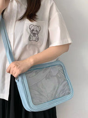 ショルダーバッグ レディース 女性用 推し活 オタ活 クリアポケット 透明 スクエア スクールバッグ 見せバッグ 四角 肩掛け 斜め掛け おしゃれ かわいい 通学 お出かけ イベント