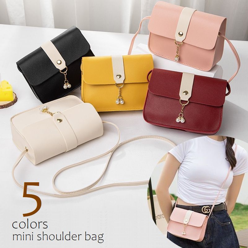 ミニショルダーバッグ ポシェット レディース bag カバン レザー調 フラップ マグネットボタン 肩掛け 斜め掛け バイカラー 横長 スマホ ブラック ベージュ ピンク ワイン