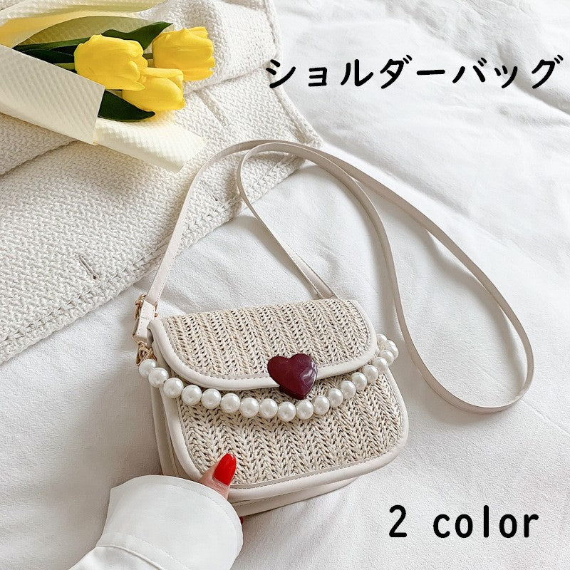 ショルダーバッグ ハンドバッグ レディース 女性用 鞄 カバン 肩掛け 麦わら カゴバッグ フェイクパール 編み込み ハート 調節可能 かわいい