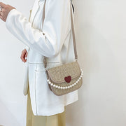ショルダーバッグ ハンドバッグ レディース 女性用 鞄 カバン 肩掛け 麦わら カゴバッグ フェイクパール 編み込み ハート 調節可能 かわいい