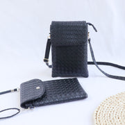 ショルダーバッグ スマホポーチ ミニショルダー ポシェット 縦長 レディース bag レザー調 編み込み イントレチャート 斜め掛け 肩掛け ブラック 黒