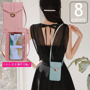 スマホショルダー スマホポーチ ミニショルダーバッグ ポシェット レザー調 レディース bag 操作可能 フラップ 縦長 斜め掛け 背面クリア ポケット付 ブラック レッド ピンク ブルー グレー