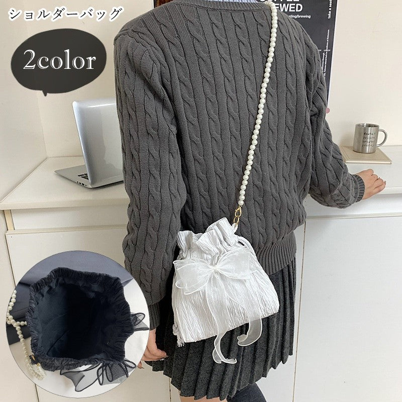 ショルダーバッグ 巾着バッグ レディース 女性 鞄 カバン リボン 巾着型 小型 コンパクト 小さめ シフォン生地 フェイクパール 無地 シンプル フェミニン ガーリー 可愛い かわいい キュート おしゃれ