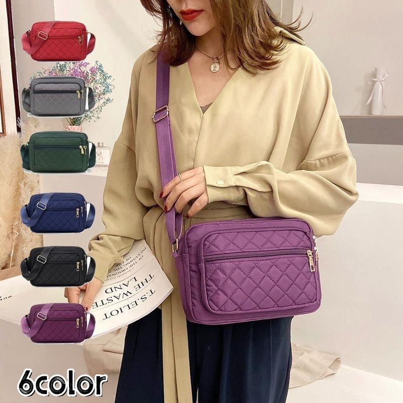 ショルダーバッグ レディース 無地 シンプル 多収納 ナイロン 斜めがけ 肩掛け かばん BAG ミニショルダー ファスナー 小さめ コンパクト カバン 鞄 内ポケット付き ワンショルダー キルティング グレー ネイビーブルー ブラック カジュアル デイリー 普段使い お出かけ お呼ばれ 上品 大人 女性 婦人 プレゼント ギフト 贈り物 誕生日 記念日 母の日