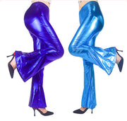 ロングパンツ メタリックパンツ レディース女性用 ボトムス 長ズボン ベルボトム ブーツカット フレアパンツ ハイウエスト ロング丈 無地 単色 光沢感 ダンス カラバリ豊富