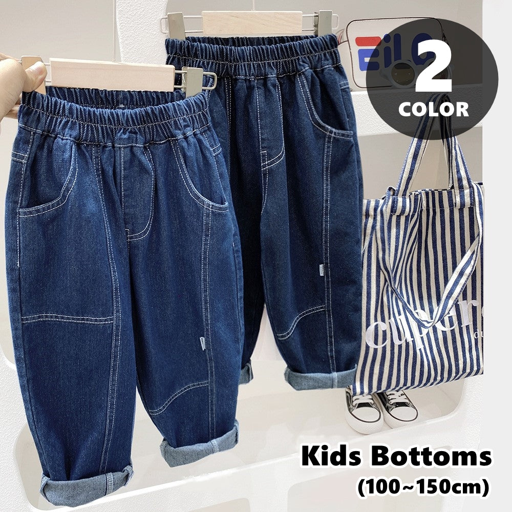 デニムパンツ ジーンズ ジーパン キッズ 子供服 子ども服 男の子 女の子 ボトムス ロングパンツ 長ズボン ゴムウエスト ポケットあり 無地 ブルー ブラック シンプル カジュアル かわいい キュート クール かっこいい おしゃれ