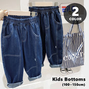 デニムパンツ ジーンズ ジーパン キッズ 子供服 子ども服 男の子 女の子 ボトムス ロングパンツ 長ズボン ゴムウエスト ポケットあり 無地 ブルー ブラック シンプル カジュアル かわいい キュート クール かっこいい おしゃれ