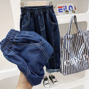 デニムパンツ ジーンズ ジーパン キッズ 子供服 子ども服 男の子 女の子 ボトムス ロングパンツ 長ズボン ゴムウエスト ポケットあり 無地 ブルー ブラック シンプル カジュアル かわいい キュート クール かっこいい おしゃれ