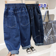 デニムパンツ ジーンズ ジーパン キッズ 子供服 子ども服 男の子 女の子 ボトムス ロングパンツ 長ズボン ゴムウエスト ポケットあり 無地 ブルー ブラック シンプル カジュアル かわいい キュート クール かっこいい おしゃれ