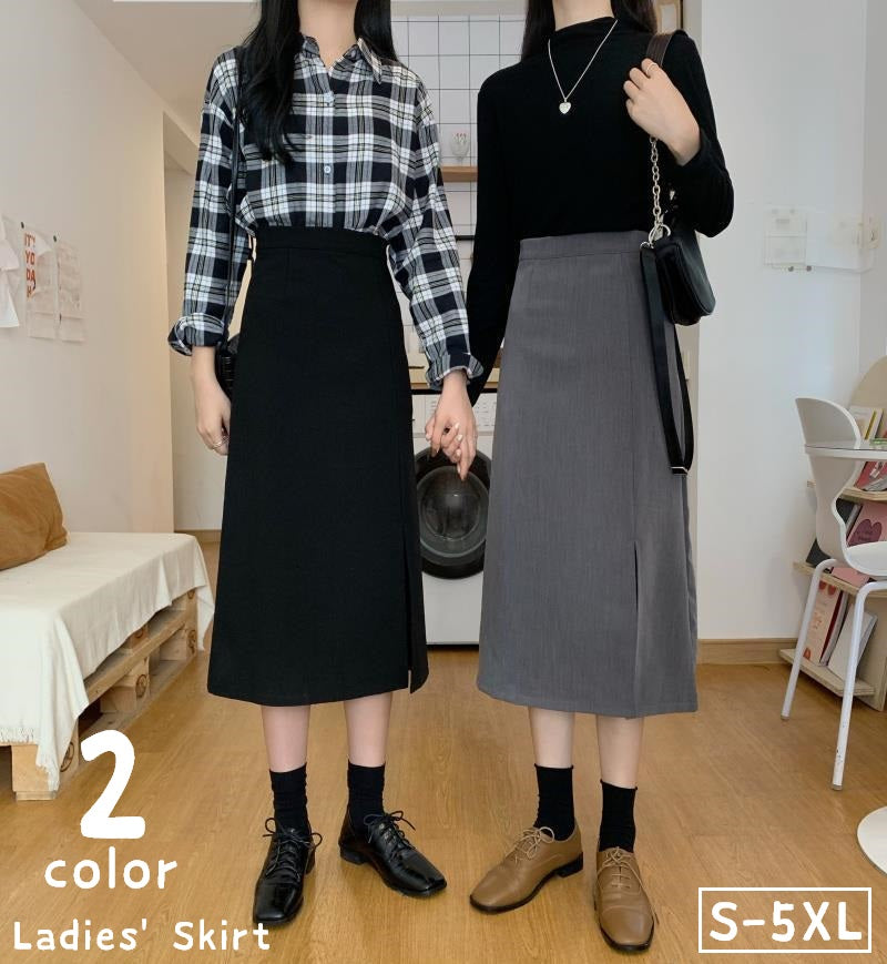 スカート 膝下丈 ミモレ丈 ロング丈 レディース 女性 婦人 大きいサイズ タイトスカート ミディアム丈 ボトムス スリット入り ハイウエスト 単色 無地 Aライン きれいめ おしゃれ かわいい カジュアル シンプル シック お出かけ 通勤 ゆったり 着回し ヘビロテ 灰 黒 春 秋 春服 秋服 夏