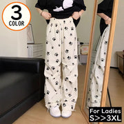 ロングパンツ レディース 大きいサイズ ゆったり 体型カバー ワイド ストレート ハイウエスト 裾絞り 薄手 犬 イヌ 肉球柄