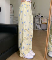 ロングパンツ レディース 大きいサイズ ゆったり 体型カバー ワイド ストレート ハイウエスト 裾絞り 薄手 犬 イヌ 肉球柄