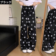 ロングパンツ レディース 大きいサイズ ゆったり 体型カバー ワイド ストレート ハイウエスト 裾絞り 薄手 犬 イヌ 肉球柄