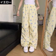 ロングパンツ レディース 大きいサイズ ゆったり 体型カバー ワイド ストレート ハイウエスト 裾絞り 薄手 犬 イヌ 肉球柄
