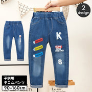 デニムパンツ ロングパンツ 子供服 キッズ ジュニア 男の子 女の子 ジーパン ジーンズ ボトムス ロゴ 長ズボン ウエストゴム ユーズド風 カジュアル デイリー おしゃれ かわいい かっこいい 男児 女児 小学生 中学生 子ども こども