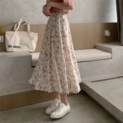 ロングスカート フレアスカート レディース ボトムス ミモレ丈 ロング丈 ウエストゴム Aライン シフォン 花柄 婦人服 女性用 大きいサイズあり ふんわり 可愛い おしゃれ 上品 お出掛け S M L XL 2XL