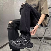 デニムパンツ ロングパンツ メンズ 大きいサイズ ジーンズ ジーパン ワイド ストレート ダメージ加工 無地 ポケット おしゃれ